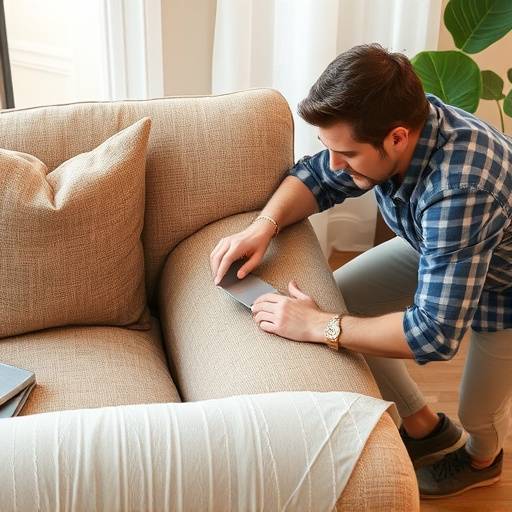 A quality control specialist inspecting a finished sofa